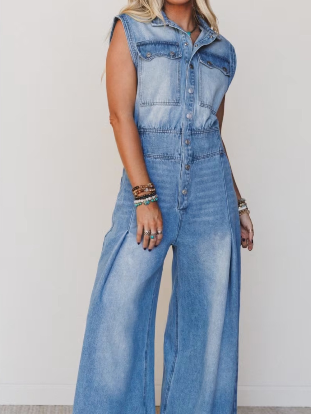 Sleeveless Wide-Leg Denim Jumpsuit - Light Blue